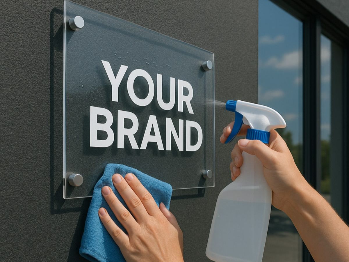 Hands cleaning an outdoor acrylic sign with a spray bottle and microfiber cloth to keep the surface clear, glossy, and professional.