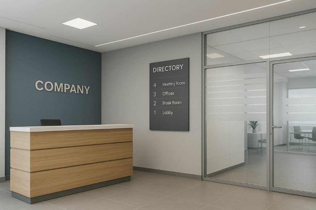 Digital office directory screen in a modern lobby showing level listings and room names, illustrating modern office signage trends 2025.