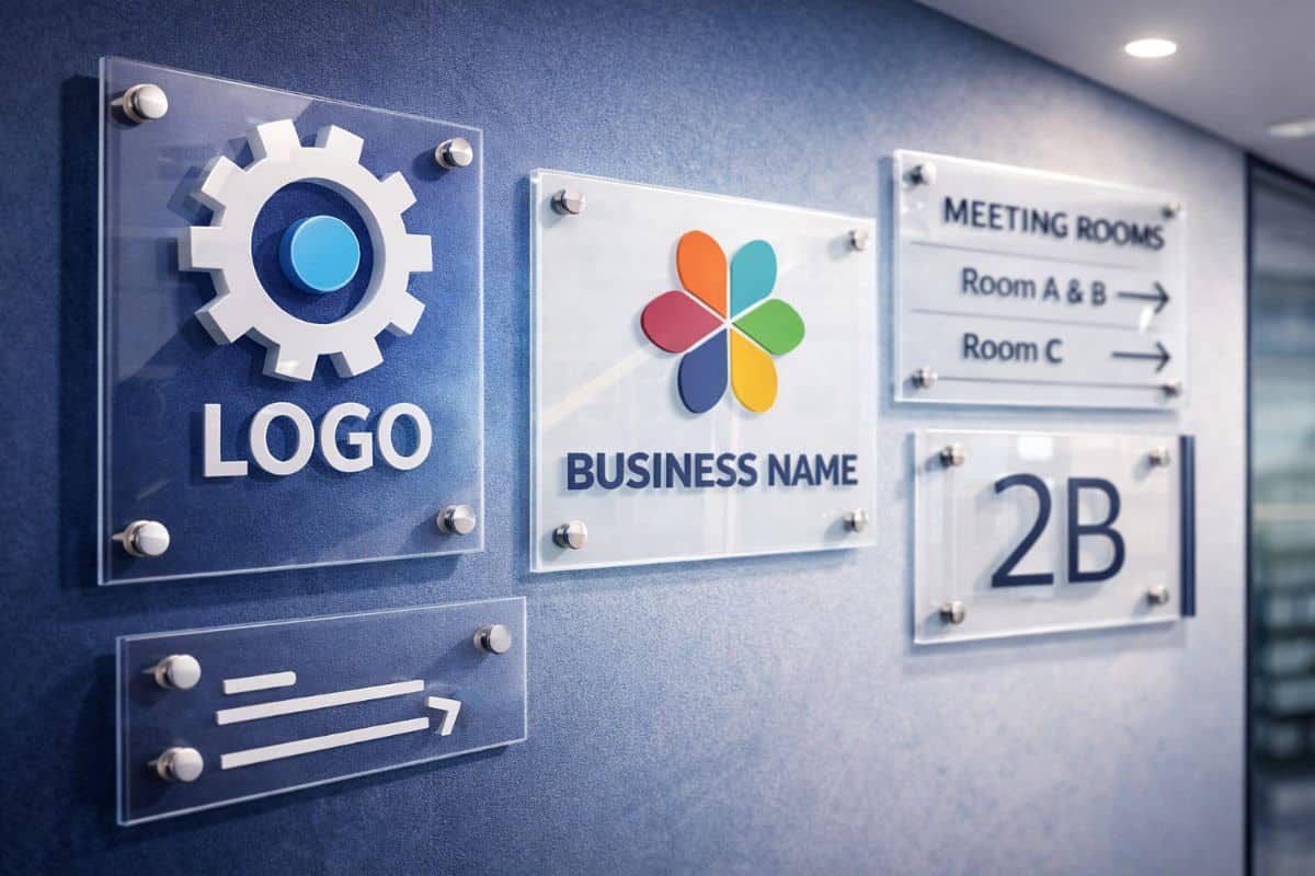 Wall mounted acrylic office signage showing a business logo, reception sign and meeting room directions in a modern commercial interior